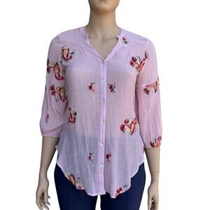 Figueroa & Flower Gauze Pink Floral Embroidered 3/4 Sleeve Tunic Blouse XL